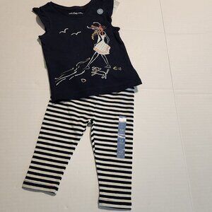 New Baby Gap girl 12-18 m outfit Blue top black white stripes leggings School